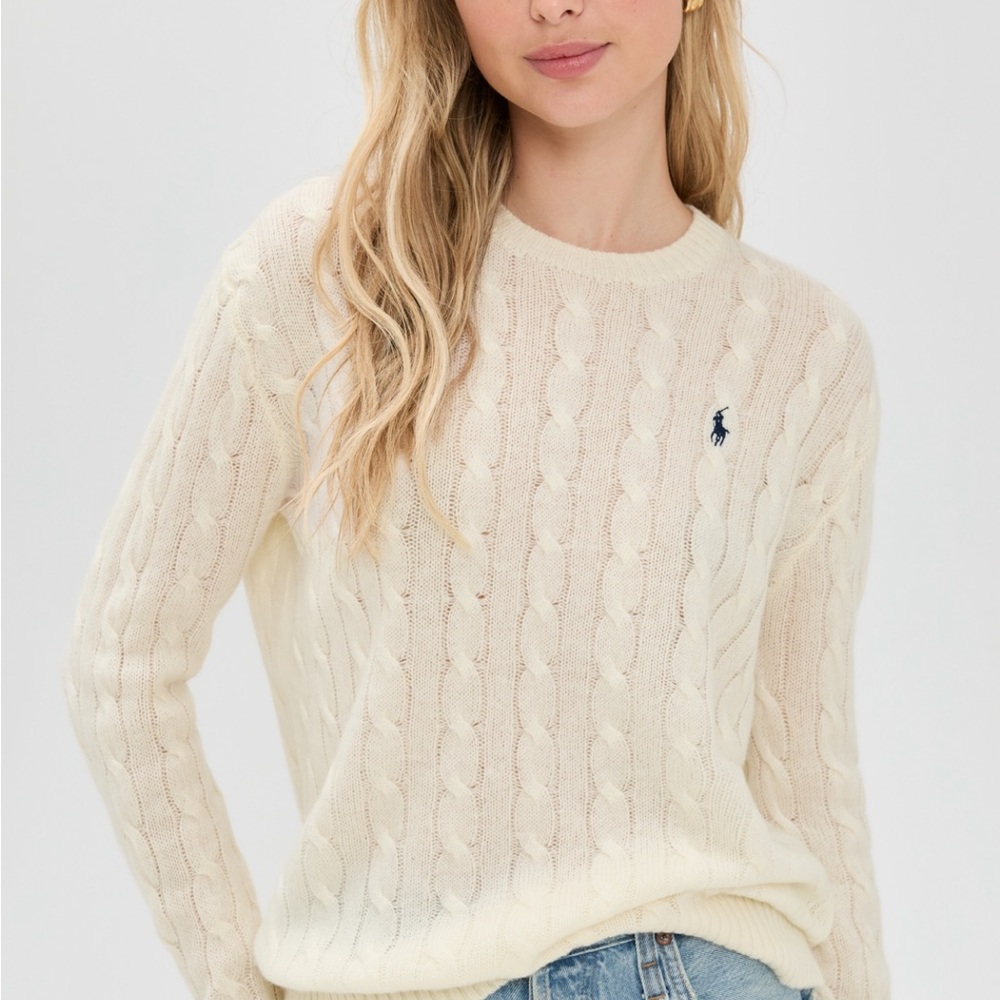 Ralph Lauren Cream Cable Knit Crewneck Sweater with Navy Pony